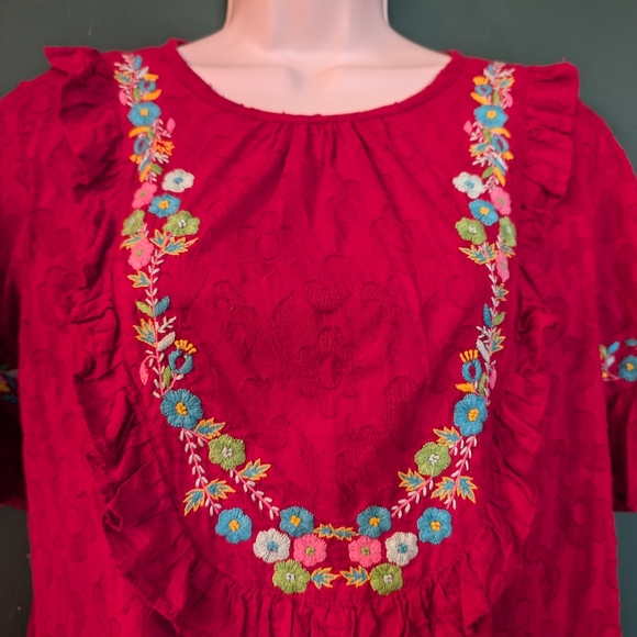 Anthropologie Red embroidered cotton blouse - Picture 3 of 7